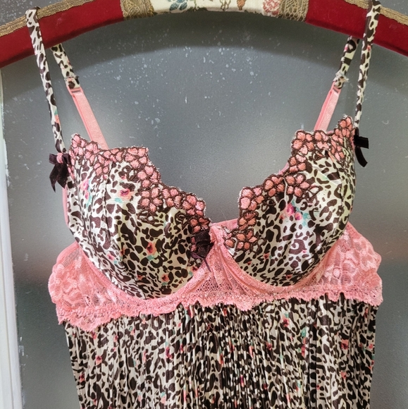 Leopard Print Lace Trim Women's Lingerie Babydoll Satin Top Romantic Y2K - Picture 2 of 9